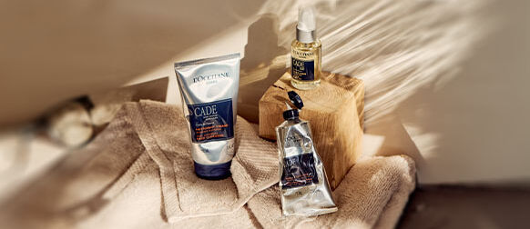 The image shows the L'OCCITANE Cade After-Shave Balm, L'OCCITANE Cade Face Cleanser