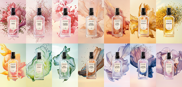 Image shows L'OCCITANE Classic Verbena Eau de toilette, L'OCCITANE Rose Eau de toilette, L'OCCITANE Osmanthus Eau de toilette, L'OCCITANE Neroli & Orchidee Eau de Toilette, L'OCCITANE Cherry blossom