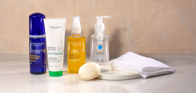 The image shows the L'OCCITANE Radiance Scrub, L'OCCITANE Gel To Foam Cleanser