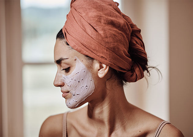 This image shows a woman doing her skincare routine and ending with a mask
