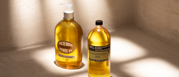 L'OCCITANE Luxury Size Almond Shower Oil & Almond Shower Oil Eco-Refill, L'OCCITANE Almond Milk Concentrate & Almond Milk Concentrate Eco-Refill, Organic Almonds, Fair Trade, Provence, Smoothing & Softening