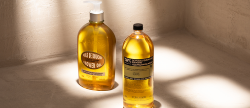 L'OCCITANE Luxury Size Almond Shower Oil & Almond Shower Oil Eco-Refill, L'OCCITANE Almond Milk Concentrate & Almond Milk Concentrate Eco-Refill, Organic Almonds, Fair Trade, Provence, Smoothing & Softening