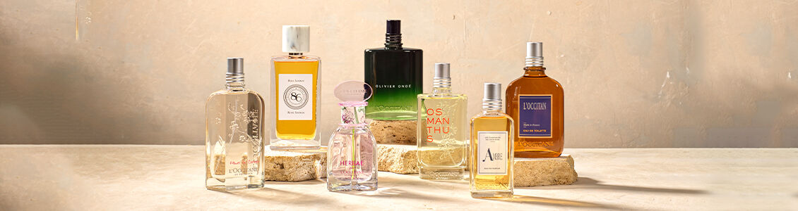 Image showing L'OCCITANE Men Cologne Oliver Onde, L'OCCITANE Cherry Blossom Eau de Toilette, L'OCCITANE Herbae Eau de Toilette, L'OCCITANE 86 Champs Rose Saffron Eau de Parfum, L'OCCITANE OsmanthusEau de toilette, L'OCCITANE Loccitan Eau de toilette