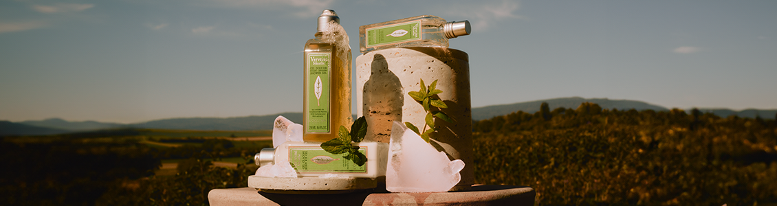 Mint Verbena Collection, Mint Verbena Eau de Toilette, Mint Verbena Travel Roll-On Perfume, Mint Verbena Shower Gel, Mint Verbena Exfoliating Shower Gel, Mint Verbena Body Ice Gel, Mint Verbena Hand Cream Gel, Fresh, Invigorating 