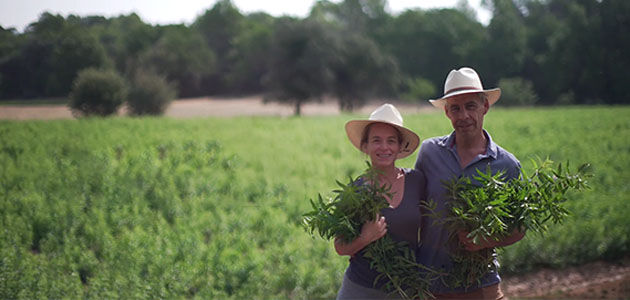 Our Inspirational Producers of Verbena Philippe and Magalie Mary standing in their Verbena Fields, Verbena Leaves, Organic Ingredient, Cultivated in Provence, L'OCCITANE  Partnership, Supporting Producers, Protecting Biodiversity