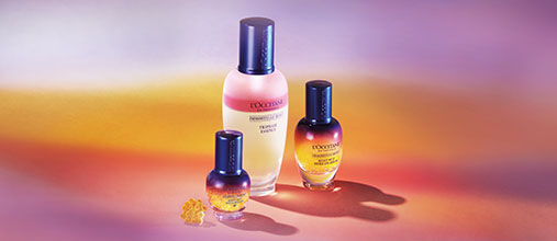 Image showing L'OCCITANE Immortelle overnight reset serum, Immortelle Overnight reset eye serum, and Immortelle reset Triphase Essence