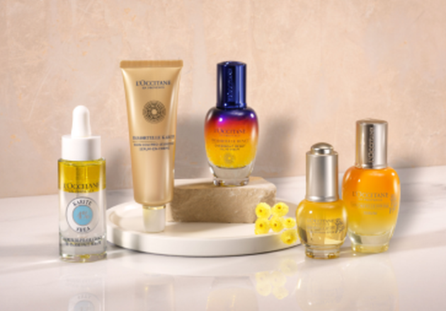 This image shows the L'OCCITANE Immortelle Divine Eye Balm, the L'OCCITANE Immortelle Overnight Reset Serum and the L'OCCITANE Immortelle Divine Serum