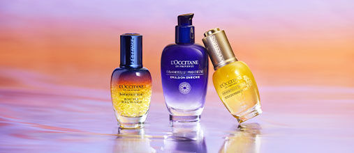 This image shows the L'OCCITANE Immortelle Reset Overnight Serum L'OCCITANE Immortelle Precious Emulsion, L'OCCITANE Divine Serum