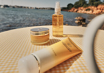 This image shows the L'OCCITANE Immortelle range including the L'OCCITANE Immortelle Divine Cleansing Cream, L'OCCITANE Divine Cleansing Balm, L'OCCITANE Immortelle Precious Cleansing Oil