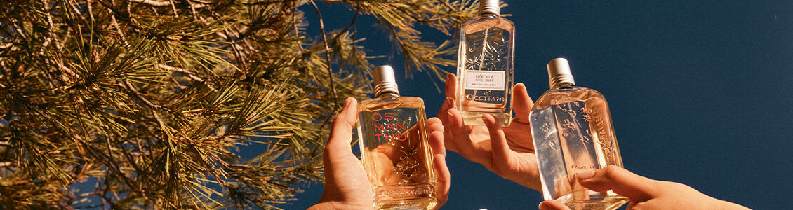 Three people holding L'OCCITANE Osmanthus Eau de Toilette, L'OCCITANE Neroli & Orchidee Eau de toilette, L'OCCITANE Cherry Blossom Eau de Toilette 