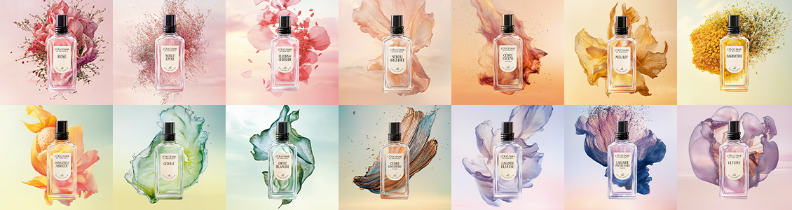 Image shows L'OCCITANE Classic Verbena Eau de toilette, L'OCCITANE Rose Eau de toilette, L'OCCITANE Osmanthus Eau de toilette, L'OCCITANE Neroli & Orchidee Eau de Toilette, L'OCCITANE Cherry blossom