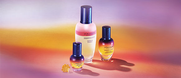 Image showing L'OCCITANE Immortelle overnight reset serum, Immortelle Overnight reset eye serum, and Immortelle reset Triphase Essence