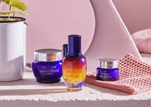 This image shows the L'OCCITANE Immortelle Reset Overnight Serum, L'OCCITANE Immortelle precious cream, L'OCCITANE Immortelle Precious Eye Balm