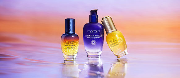 This image shows the L'OCCITANE Immortelle Reset Overnight Serum L'OCCITANE Immortelle Precious Emulsion, L'OCCITANE Divine Serum