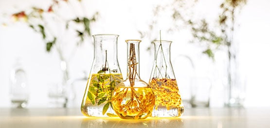The image shows 3 scientific containers filled with herbs and essential oils